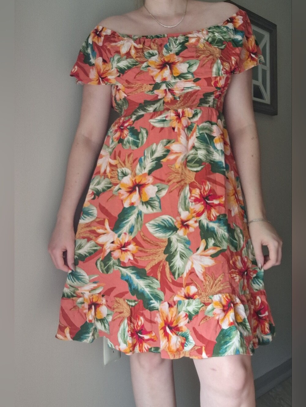 Woman's Forever 21 Off Sleeve Tropical Floral Kneee Length Dress Size Small
